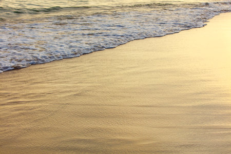 The beach is a beautiful place with a calm ocean and a gentle wave. The sand is golden and the water is clear. The scene is peaceful and relaxing, perfect for a day at the beachの写真素材
