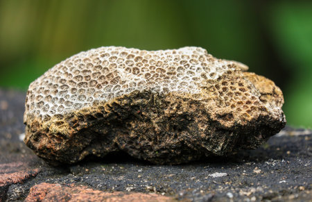 A large rock with a lot of holes on it. It is brown and gray in color. The rock is sitting on a brick surfaceの写真素材
