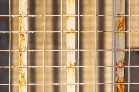The image is of a rusted metal fence with white squares. The fence is old and worn, with a lot of rust and dirt. The white squares are also rusted and worn, giving the fence a sense of age and decayの写真素材