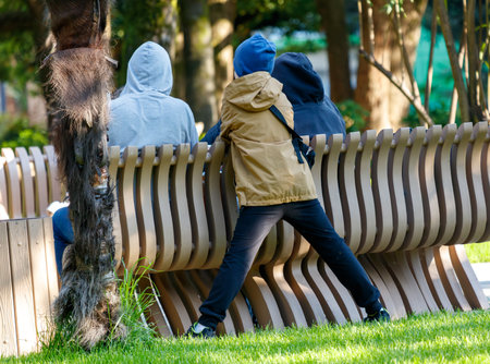 A boy is climbing on a bench in a park. The bench is made of wood and has a tree behind it. The boy is wearing a blue hat and black pantsの写真素材