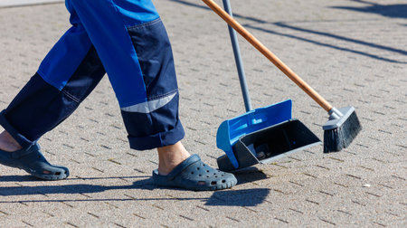 A person is sweeping the ground with a broom. The person is wearing blue pants and a blue shirtの写真素材