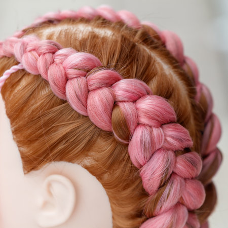 A girl with pink hair has her hair braided in a style that looks like a crown. The pink hair is styled in a way that makes it look like it's on fireの写真素材