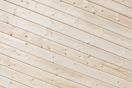 A wooden surface with a pattern of small holes. The wood appears to be unfinished, with a grain that is visible in the surface. Scene is somewhat rustic and natural, with the wood grainの写真素材