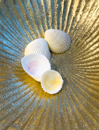 A bowl of shells with one shell missing. The shells are white and the bowl is gold