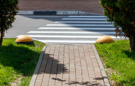 A brick walkway with two yellow balls on either side of it. The balls are placed in the grass next to the walkwayの写真素材