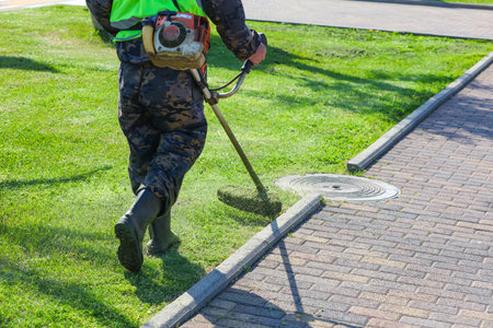 A man in a green vest is using a lawn mower to cut the grass. The grass is short and well-maintained