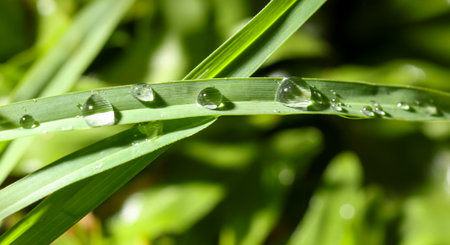 A leaf with raindrops on it. The raindrops are small and scattered, giving the impression of a light drizzle. The leaf is green and fresh and healthyの写真素材