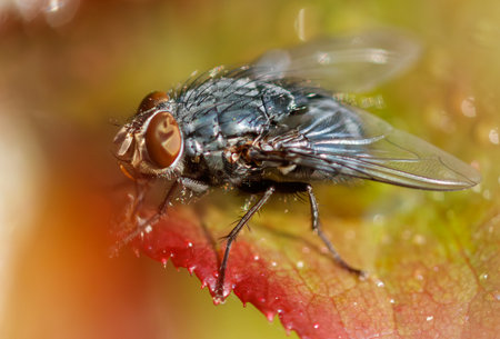 A fly is sitting on a leaf. The fly is black and has red eyes. The leaf is green and has a red borderの写真素材