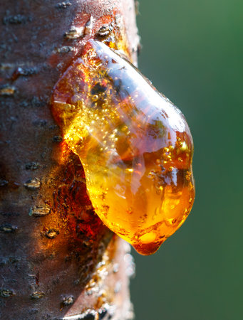 A tree branch has a yellow substance on it. The substance is sticky and has a shiny appearanceの写真素材