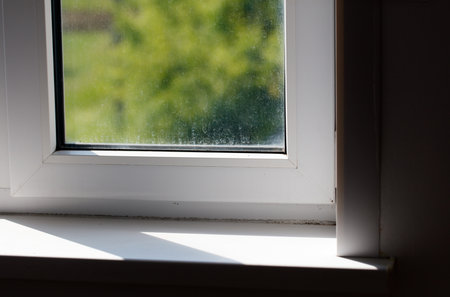 A window with a view of trees and a sunbeam shining through the glass. The window is dirty and has a...