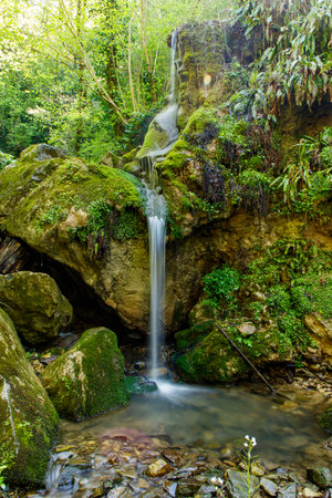 A waterfall is flowing down a rocky cliff. The water is clear and the rocks are covered in moss. The scene is peaceful and serene, with the sound of the water creating a calming atmosphereの写真素材