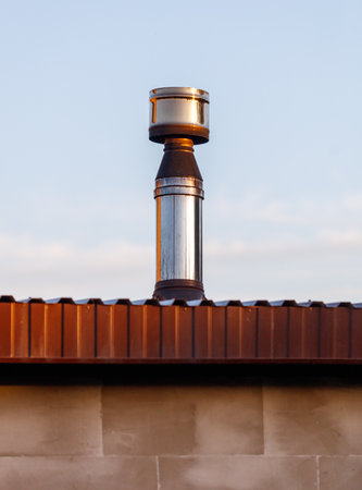 A chimney cap sits atop a chimney. The chimney cap is silver and has a black topの写真素材