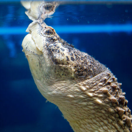 A turtle is looking at the camera. The turtle is in a tank with blue water