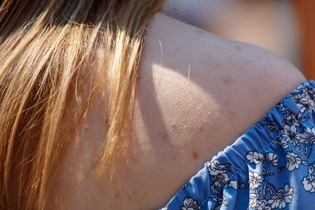 A woman with blonde hair and blue floral dress. The woman has a few red spots on her backの写真素材