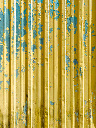 The image is of a yellow and blue metal surface with a lot of paint chipping off. The surface appears to be old and worn, giving it a rustic and weathered look. The combination of yellowの写真素材