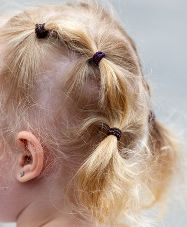 A blonde child with a bald spot on the top of her head. The hair is tied up in a ponytail with four rubber bandsの写真素材