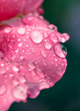 A close up of a pink flower with water droplets on it. The droplets are small and scattered, giving the flower a delicate and serene appearanceの写真素材