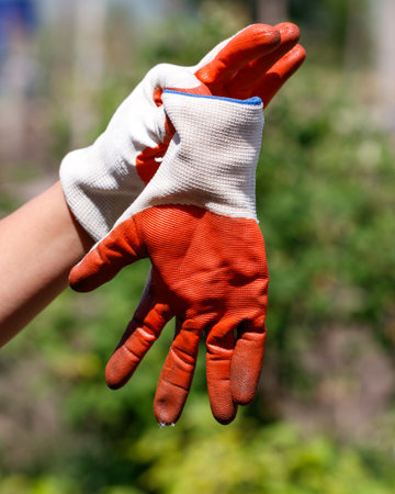 A person is holding a pair of gloves in their hand. The gloves are orange and white. The gloves are dirty and worn. The person is holding the gloves in a way that they are not on their handsの写真素材