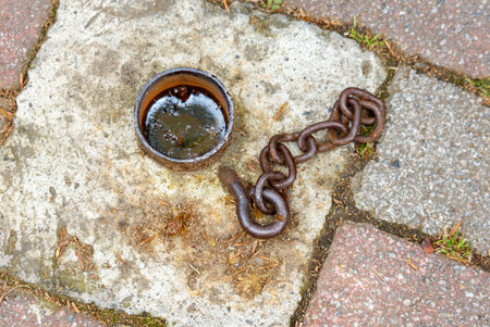 A rusty chain is tied to a metal pipe. The chain is hanging off the pipe and is covered in rustの写真素材