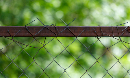 A chain link fence with a few broken links. The fence is surrounded by green trees. Scene is...