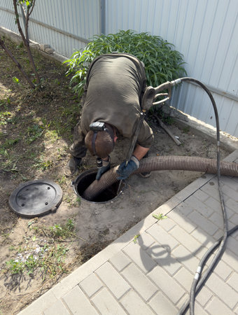 A man is working on a pipe with a hose. The man is wearing a helmet and gloves