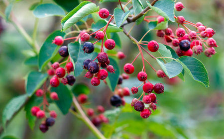 A tree with many berries on it. The berries are red and black. The tree is green