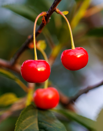 Three red cherries hanging from a tree branch. The cherries are ripe and ready to be picked