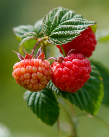 Two red raspberries are hanging from a leafy branch. The raspberries are ripe and ready to be pickedの写真素材