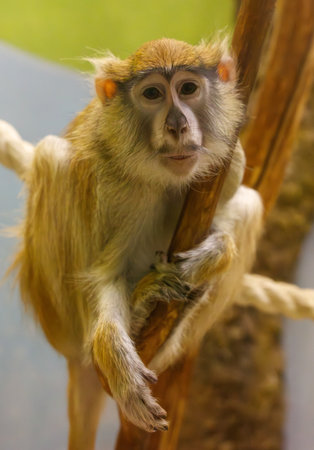 A monkey is sitting on a tree branch. The monkey has a brown and white coat. The monkey is looking...
