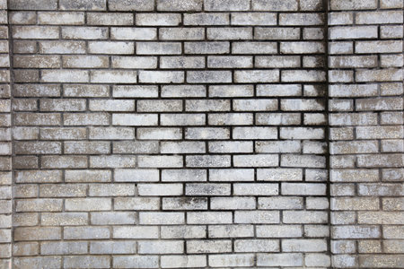 A brick wall with a gray color. The wall is made of bricks and has a rough texture
