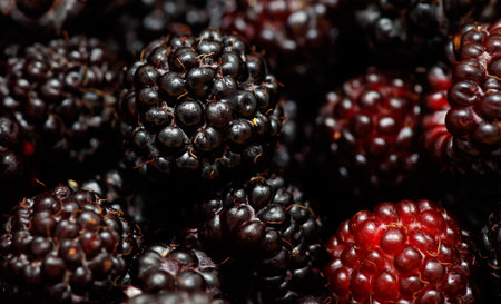 A bunch of blackberries are shown in close up. The berries are ripe and ready to be eatenの写真素材