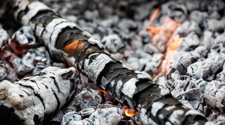 A pile of wood with a fire burning in the middle. The wood is charred and black, and the fire is...
