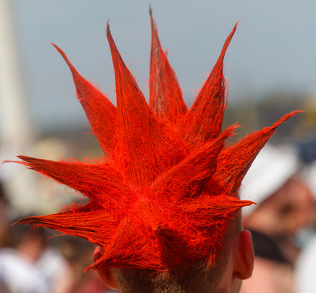 A man with a red spiked hair. The hair is very red.