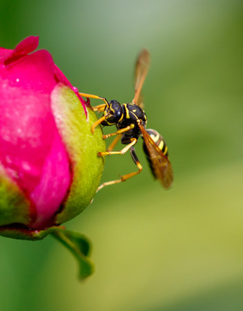 A yellow and black bee is on a pink flower