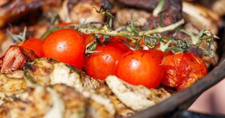 A plate of food with a variety of meats and vegetables, including tomatoes. The tomatoes are sliced...