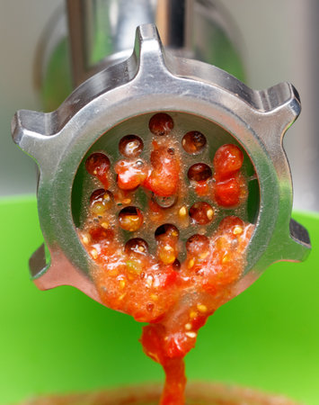 Machine is grinding up tomatoes. The tomatoes are red and the machine is green. The tomatoes are...