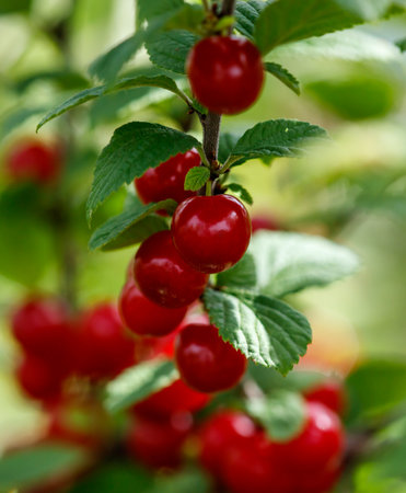 A bunch of red cherries hanging from a tree. The cherries are ripe and ready to be pickedの写真素材