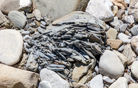 A pile of rocks with a large gray rock in the middle. The rocks are scattered and the gray rock is the largestの写真素材