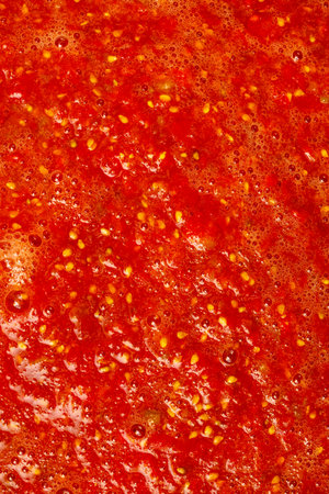Red sauce with a lot of seeds in it. The sauce is thick and has a lot of textureの写真素材