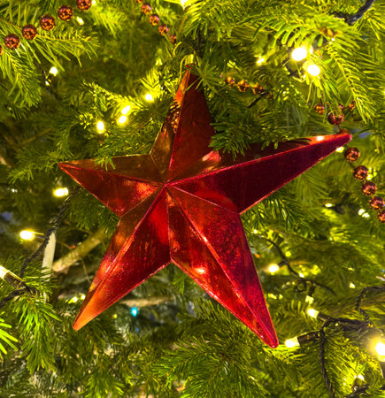 A red star is hanging from a Christmas tree. The star is lit up and is surrounded by lightsの写真素材