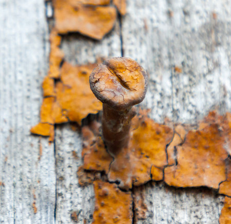 A rusty nail is sticking out of a piece of wood. The nail is bent and has a hole in itの写真素材