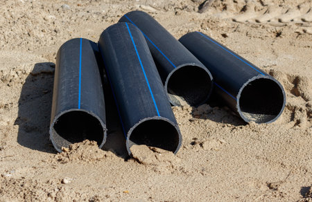 Four long, black pipes with blue stripes are sitting on the sand. They are arranged in a row, with...