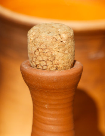 Cork is sitting on top of a brown object. The cork is brown and has a rough textureの写真素材