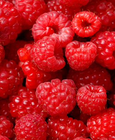 A bunch of red raspberries. They are all the same color. There are many of them