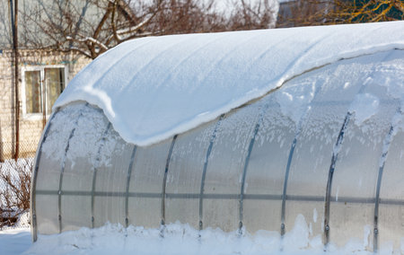A greenhouse covered in snow. The snow is piled up on the roof