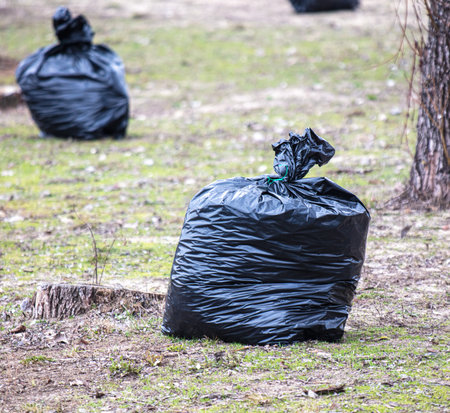 A field of plastic bags with trees in the background. The bags are all black and are scattered...
