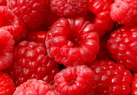 A bunch of red raspberries. The raspberries are red and have a small stem