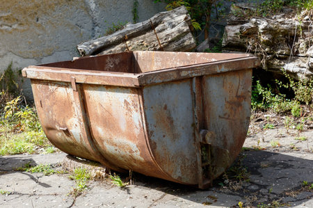 A large, rusty metal container is sitting on the ground. It is surrounded by a lot of wood and grassの写真素材