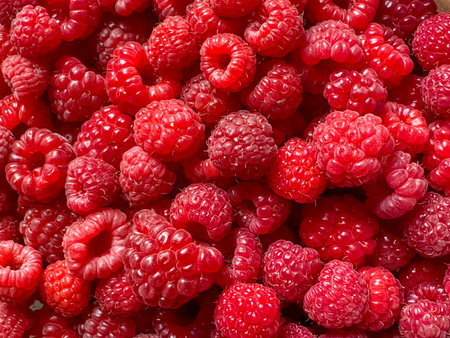 A bunch of red raspberries. They are all the same color. There are many of them