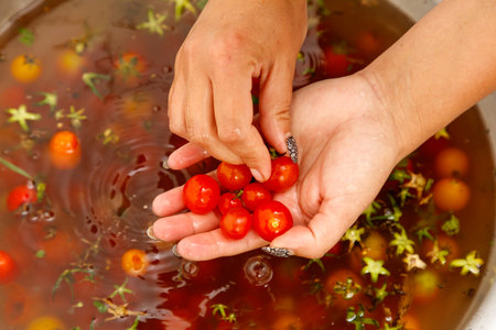 Person is holding a bunch of ripe red tomatoes in a bowl of water. The tomatoes are floating on the surface of the water, and the bowl is filled with a deep red liquidの写真素材